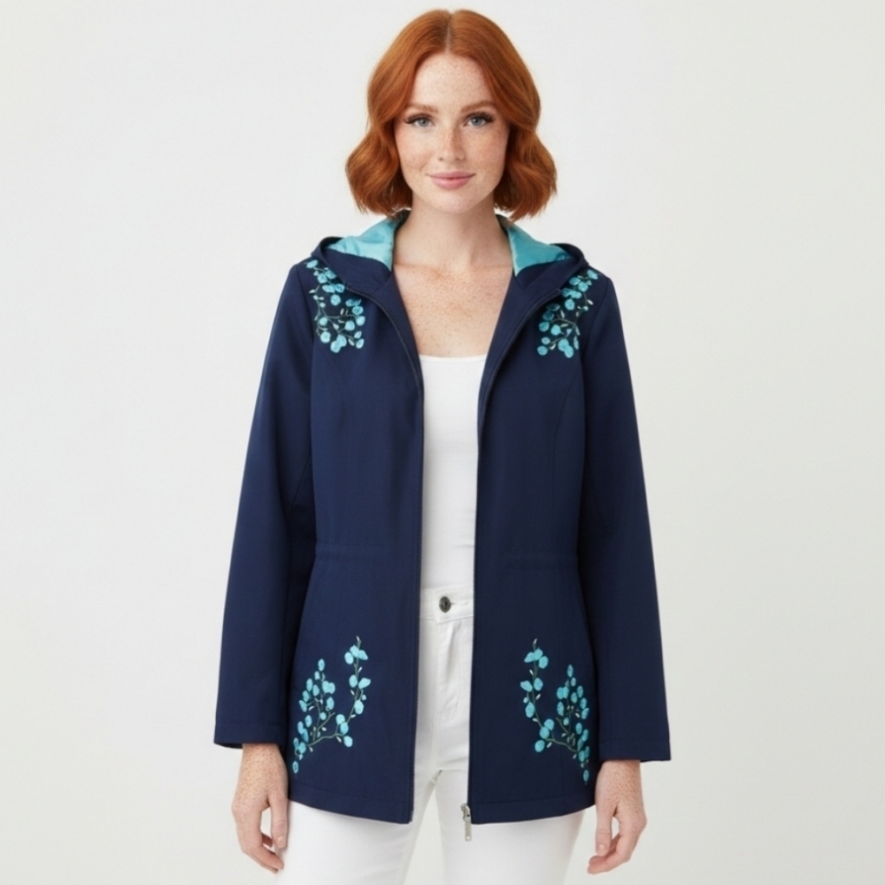 Y2K Dennis By Dennis Basso Embroidered Jacket Medium Navy Peacoat Cherry Blossom